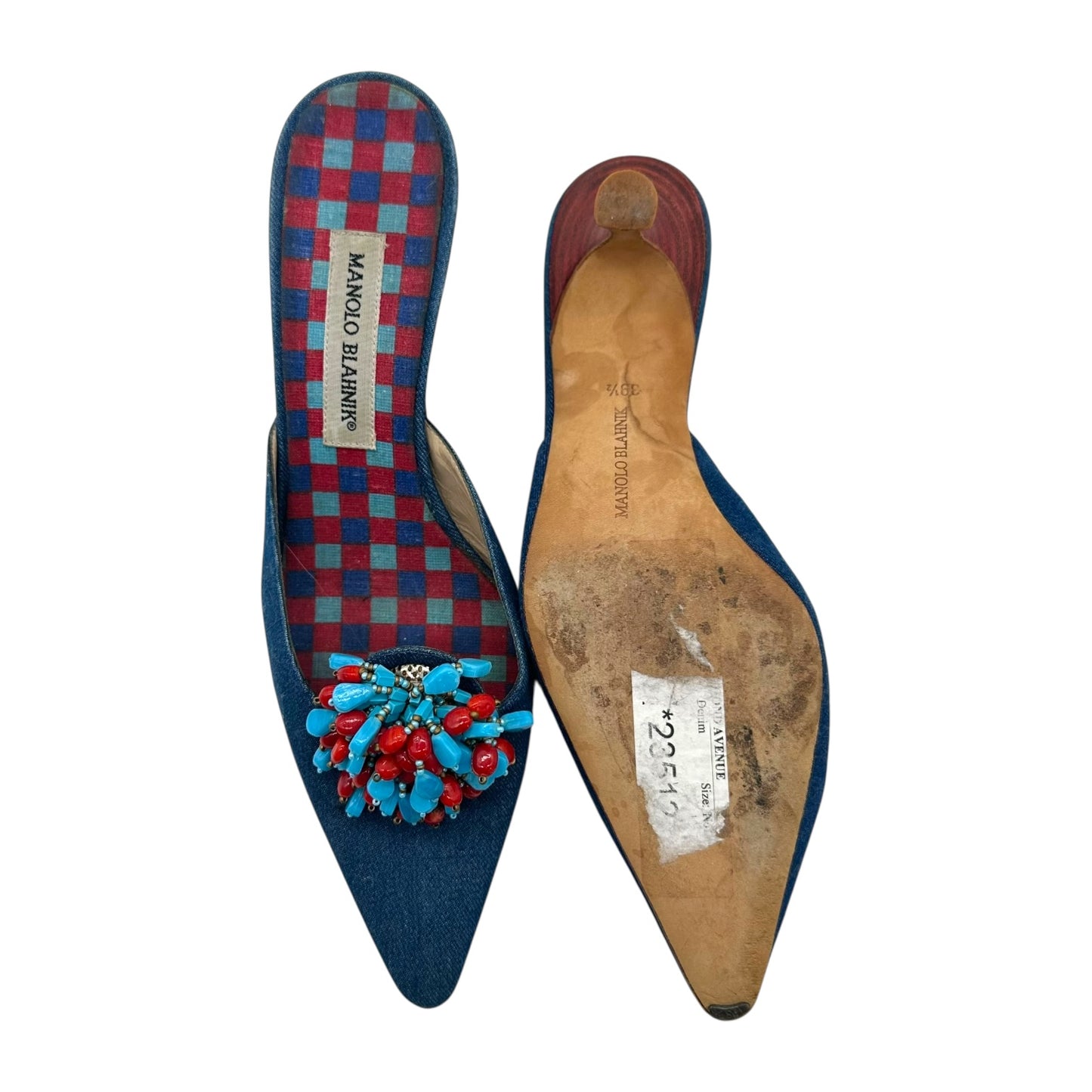 Manolo Blahnik Denim Bead Embellished Kitten Heels
