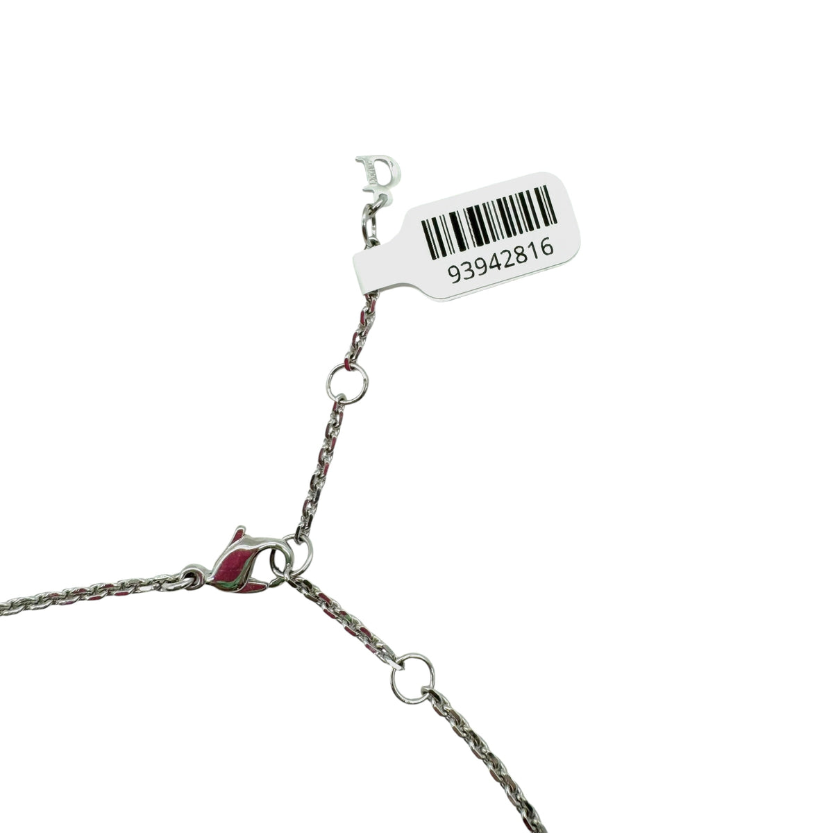 Christian Dior Silver Spell-Out Logo & Pink Crystal Heart Necklace