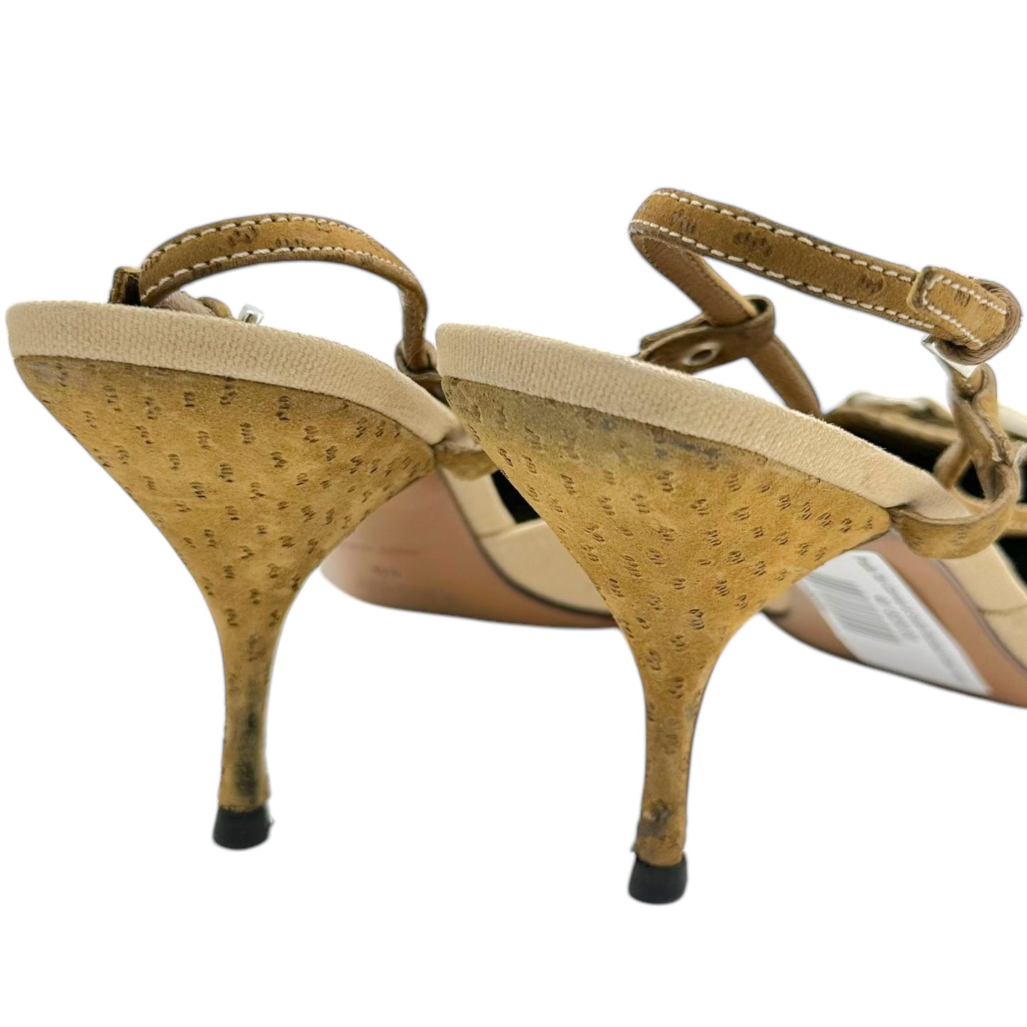 Prada Tan Canvas & Suede Buckled Kitten Heels