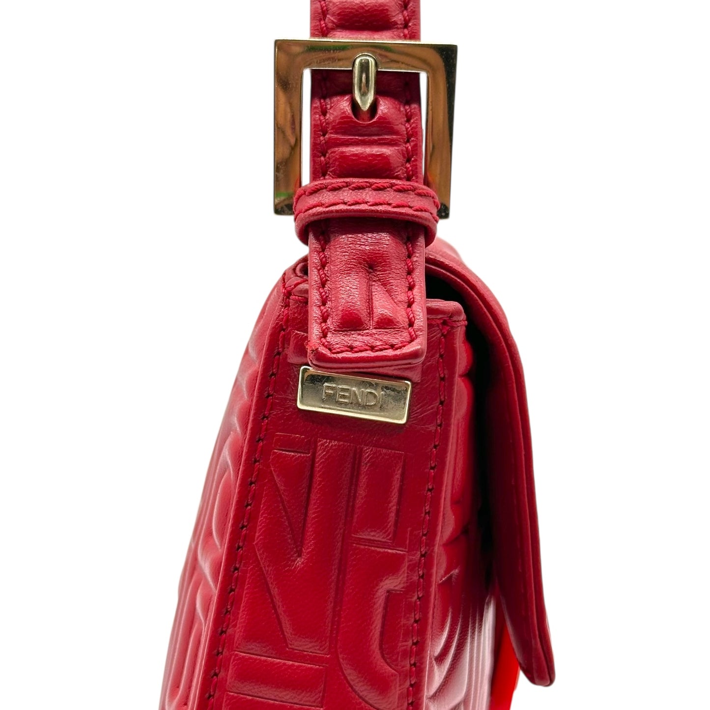 Fendi Red Leather Embossed Logo Baguette Bag