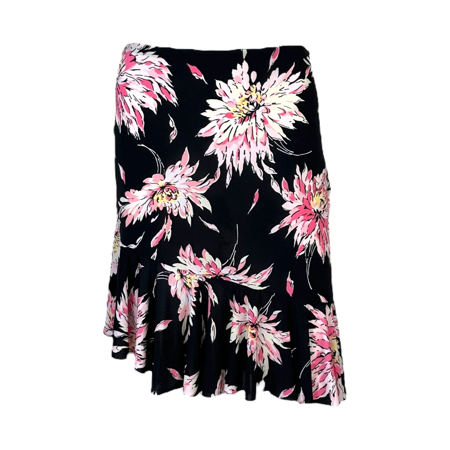 Blumarine Black & Pink Floral Bias Cut Midi Skirt