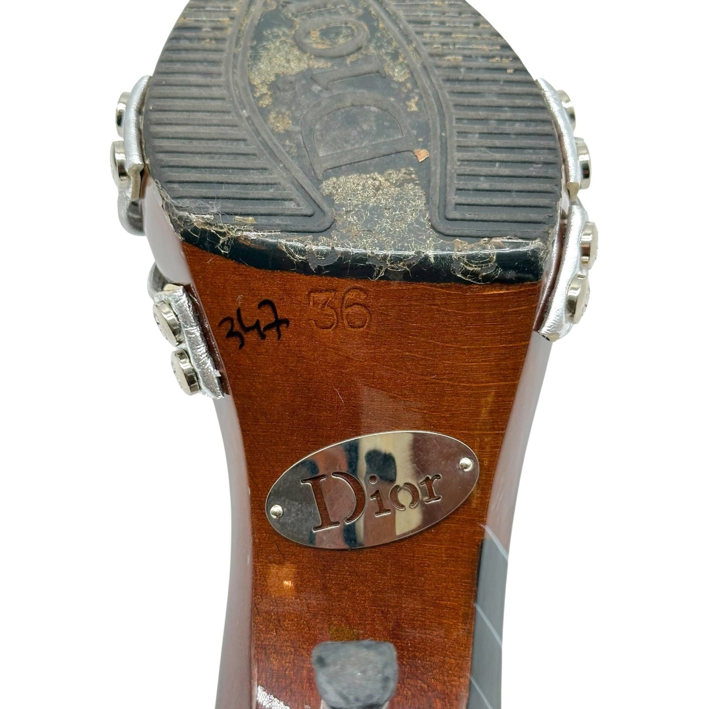 Christian Dior Silver Leather & Hand Painted Wooden Mule Heels