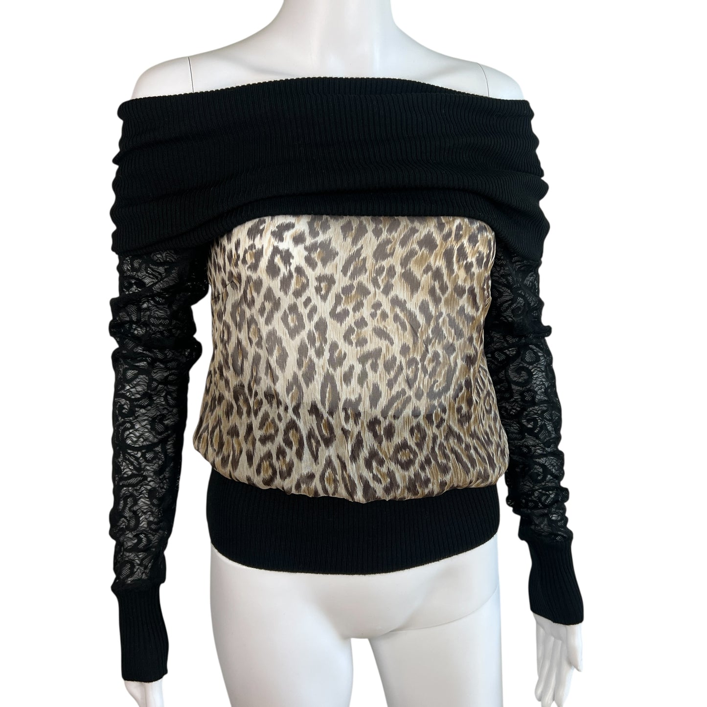 D&G Dolce & Gabbana Leopard Print Silk & Lace Off Shoulder Top NEW