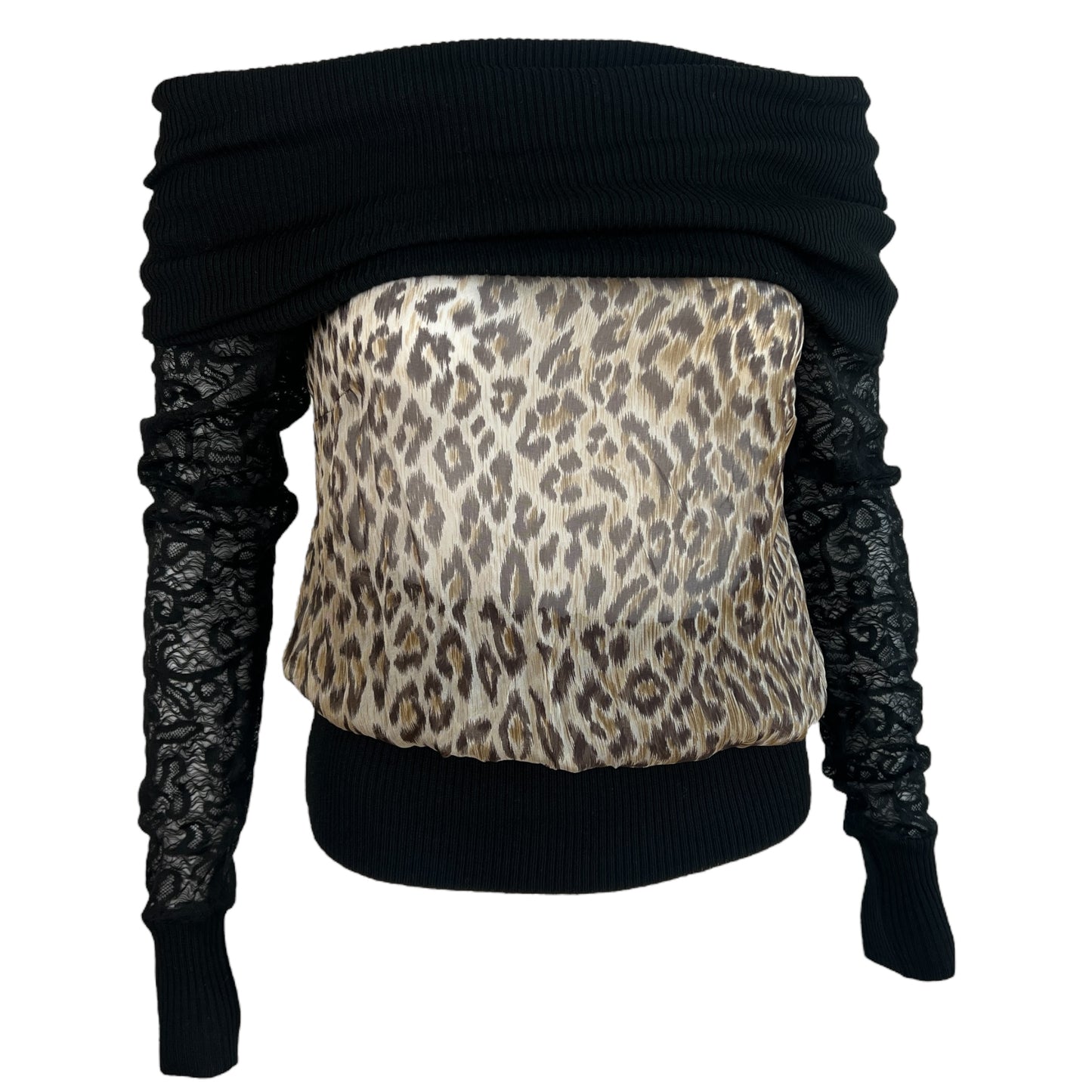 D&G Dolce & Gabbana Leopard Print Silk & Lace Off Shoulder Top NEW