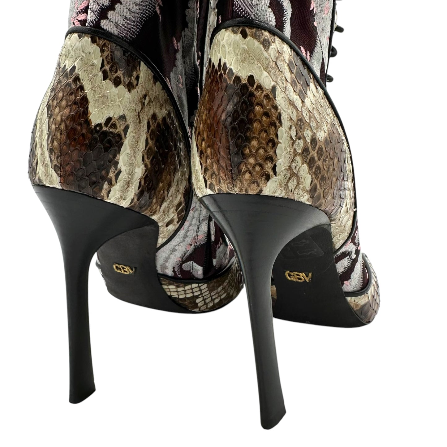 Giambattista Valli Snakeskin & Floral Lace Up Peep Toe Boots