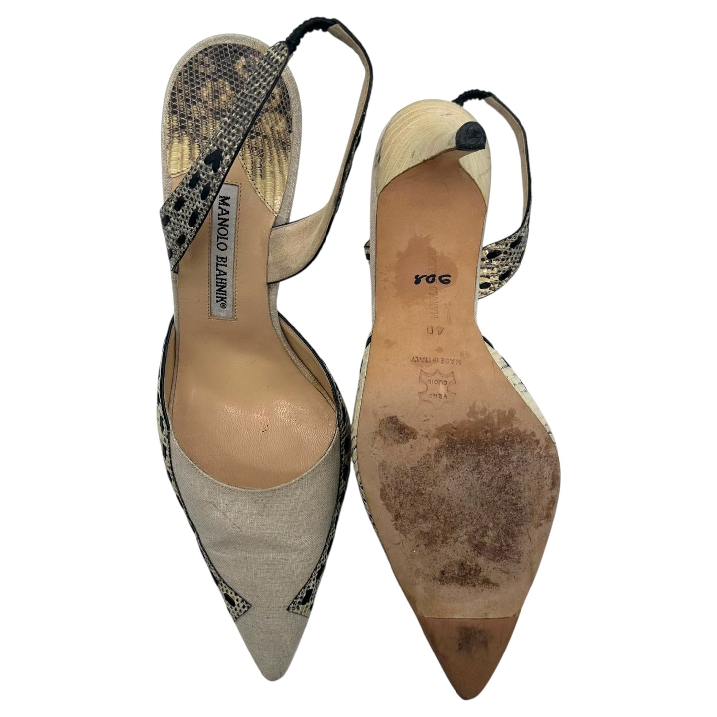 Manolo Blahnik Lizard & Linen Slingback Heels