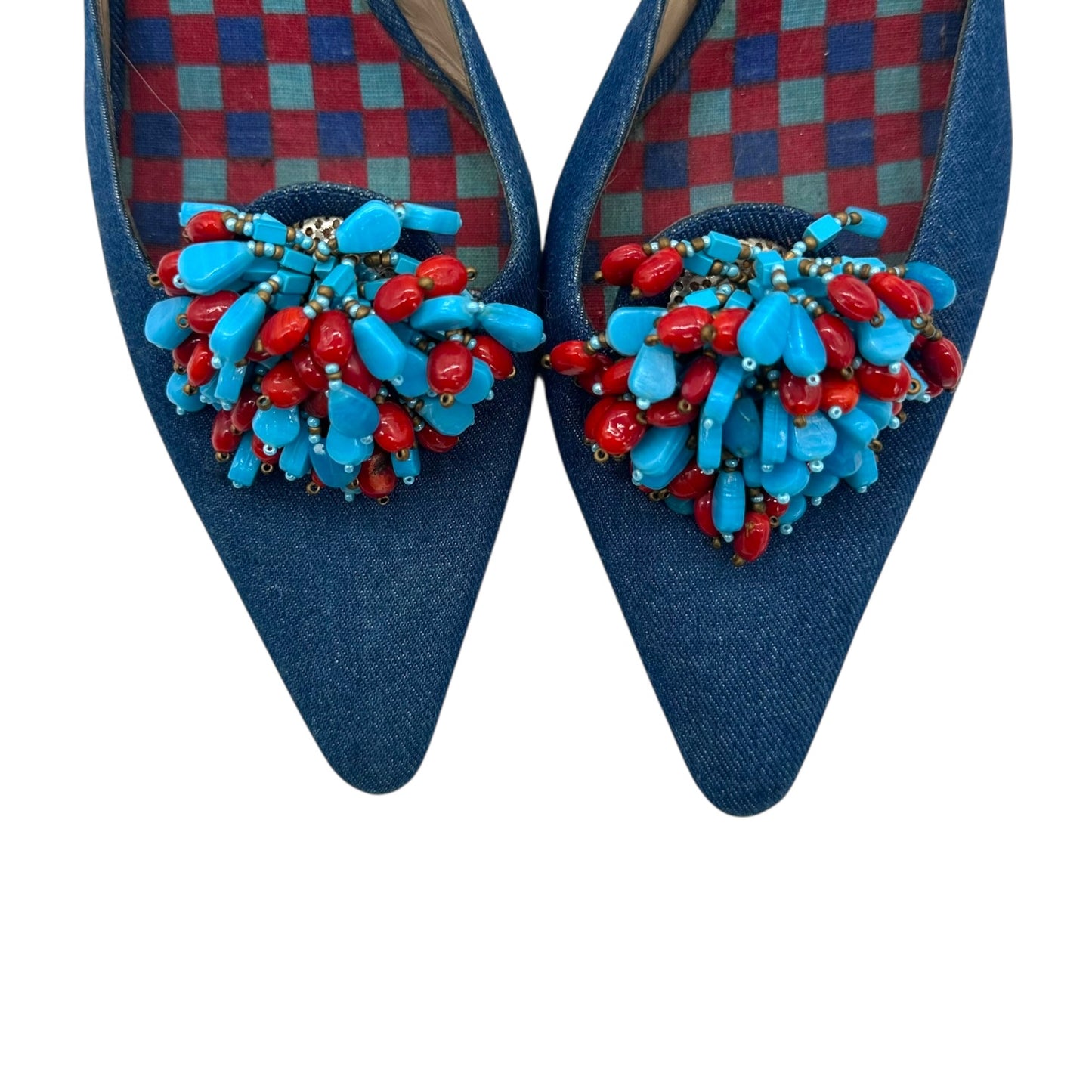 Manolo Blahnik Denim Bead Embellished Kitten Heels