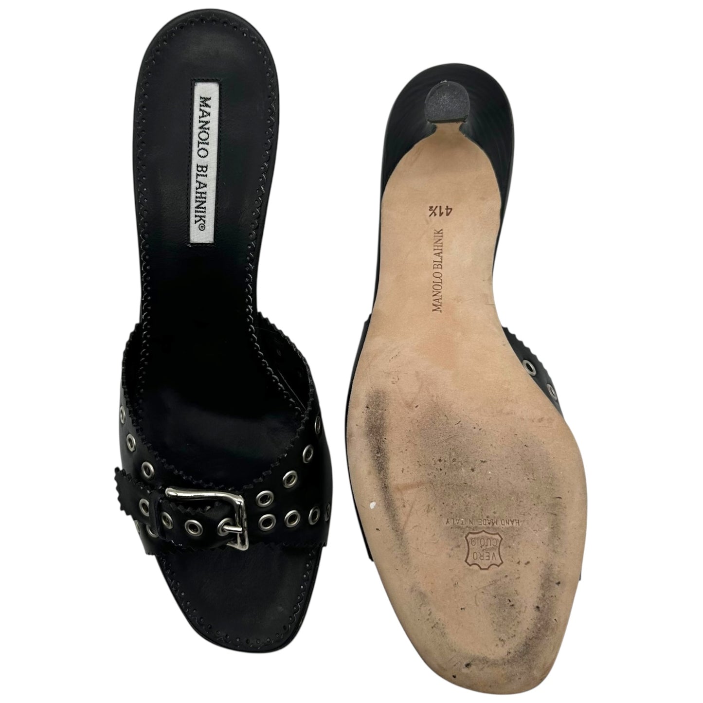 Manolo Blahnik Black Rivet Buckled Kitten Heel Mules