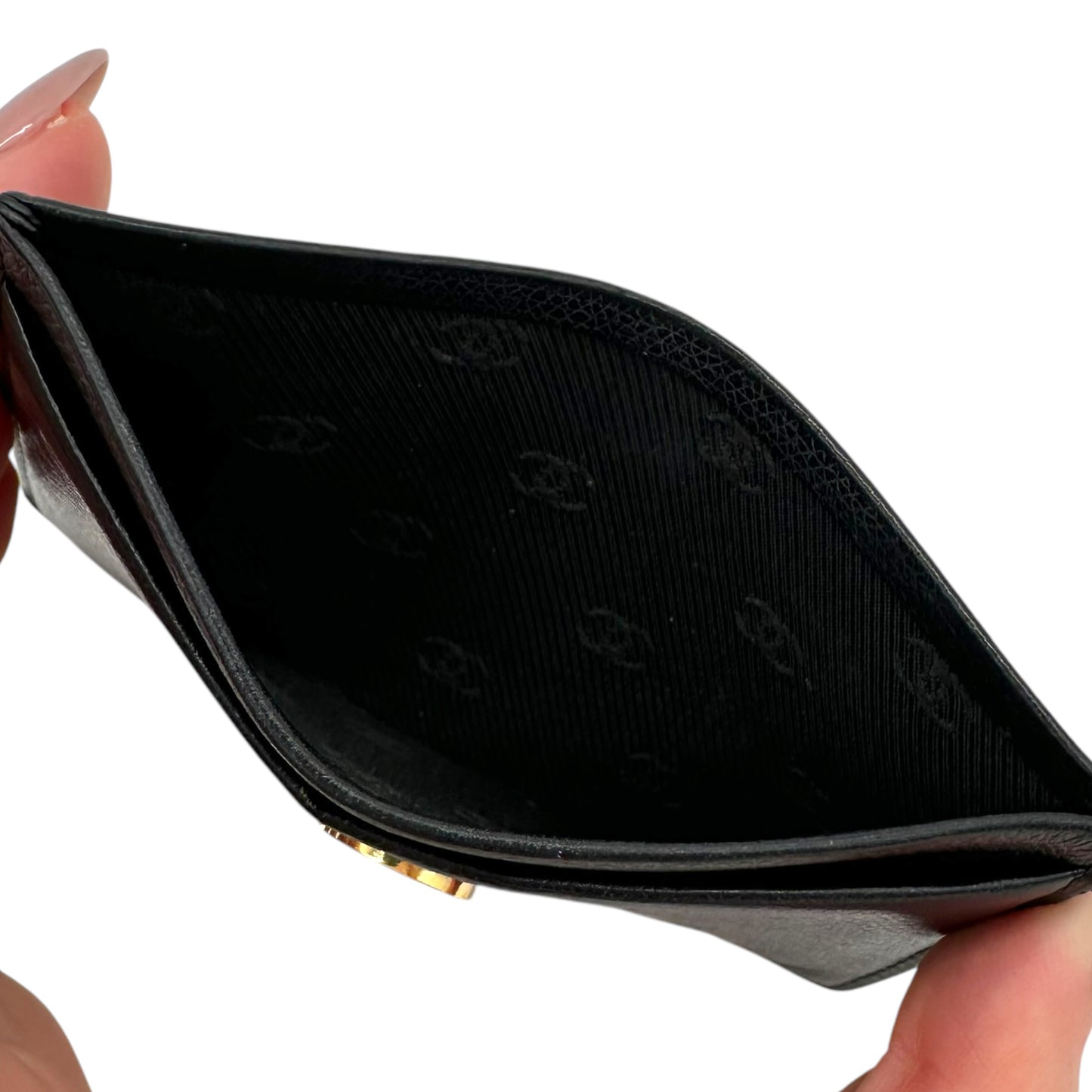 Chanel Black Leather Gold Logo Card Holder Wallet