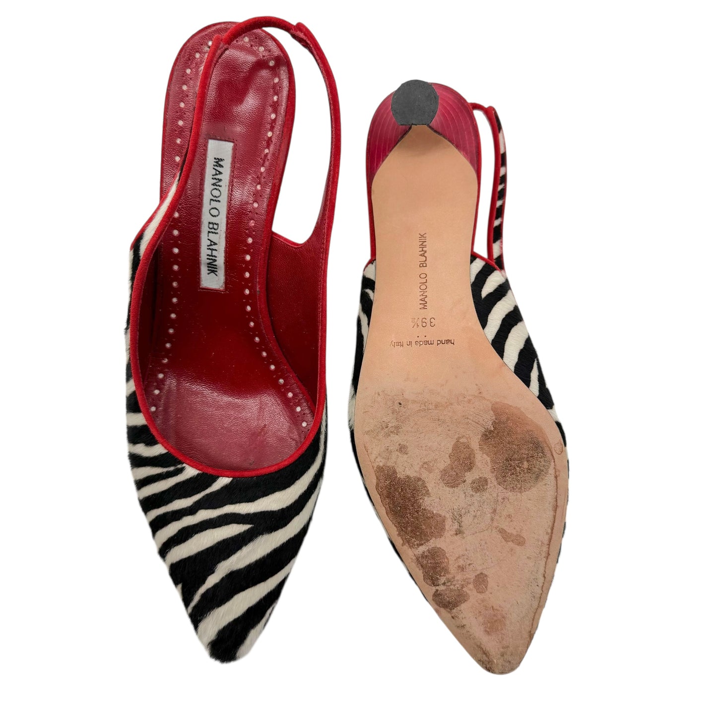 Manolo Blahnik Zebra & Red Leather Ponyhair Slingback Kitten Heels