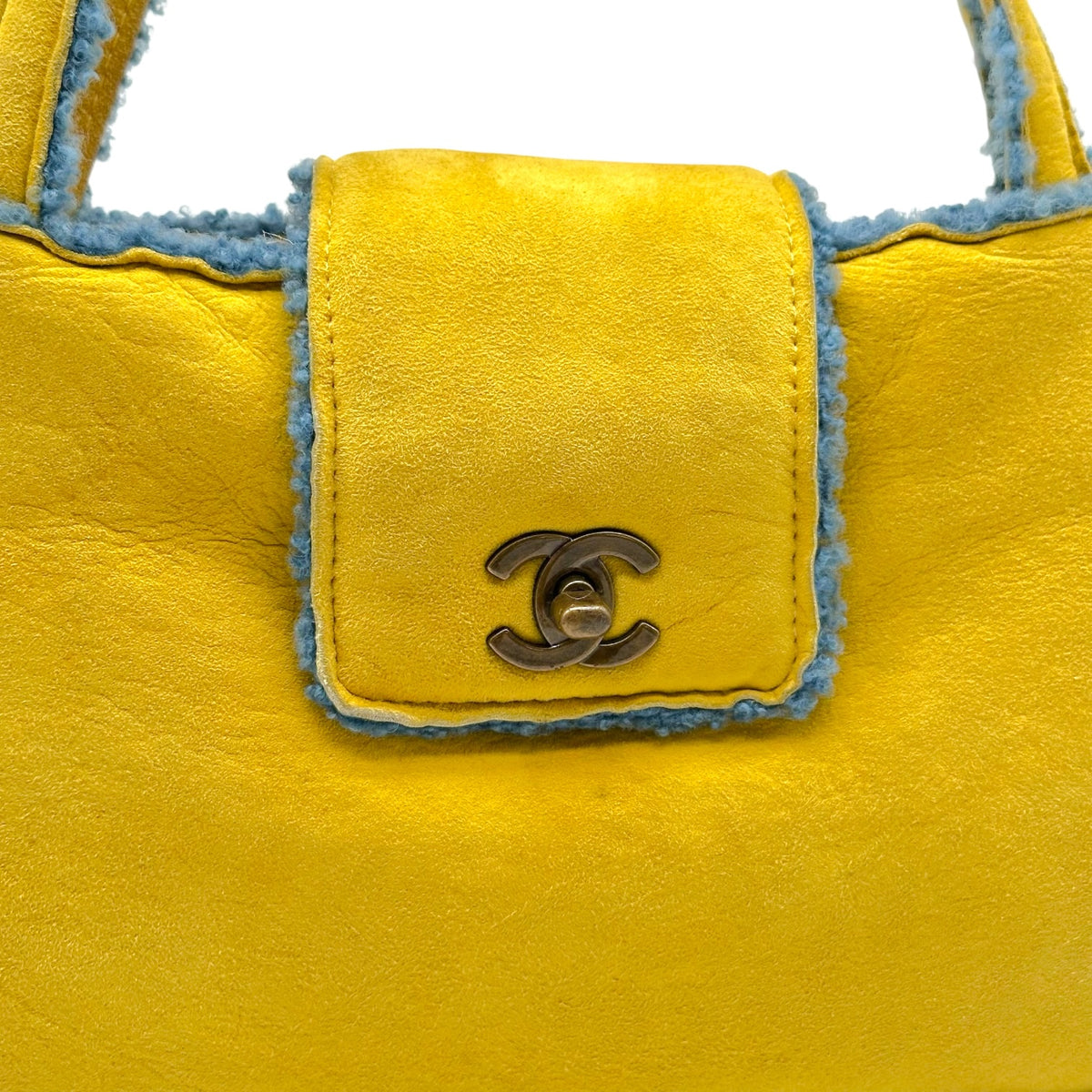 Chanel Yellow Blue Shearling Turnlock Handbag 1990s