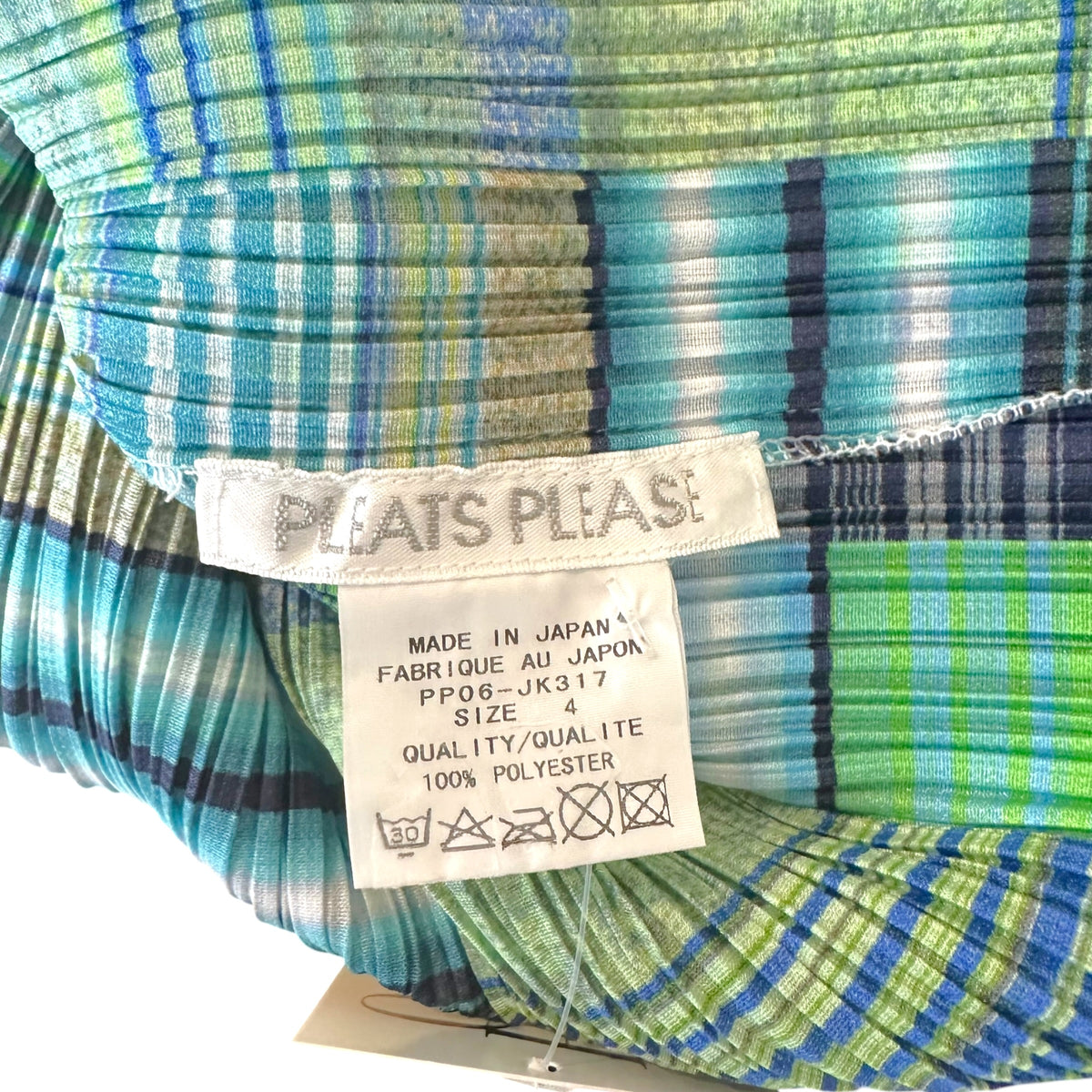 Issey Miyake Pleats Please Blue Green Multicolor Striped Gradient Print Pleated Short Sleeve Blouse Sz 4