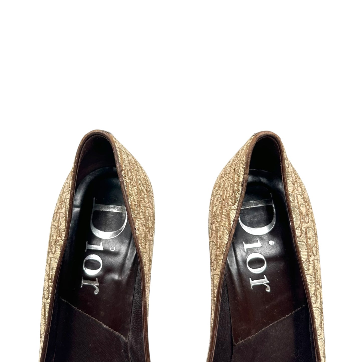 Christian Dior Tan Monogram Logo Plate Pointed Toe Heels
