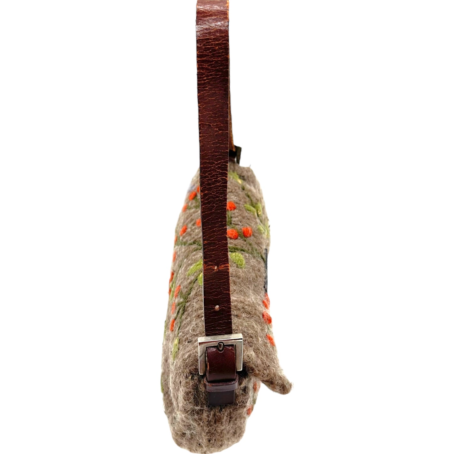 Fendi Gray Wool Cherry Embroidered Baguette Bag RARE