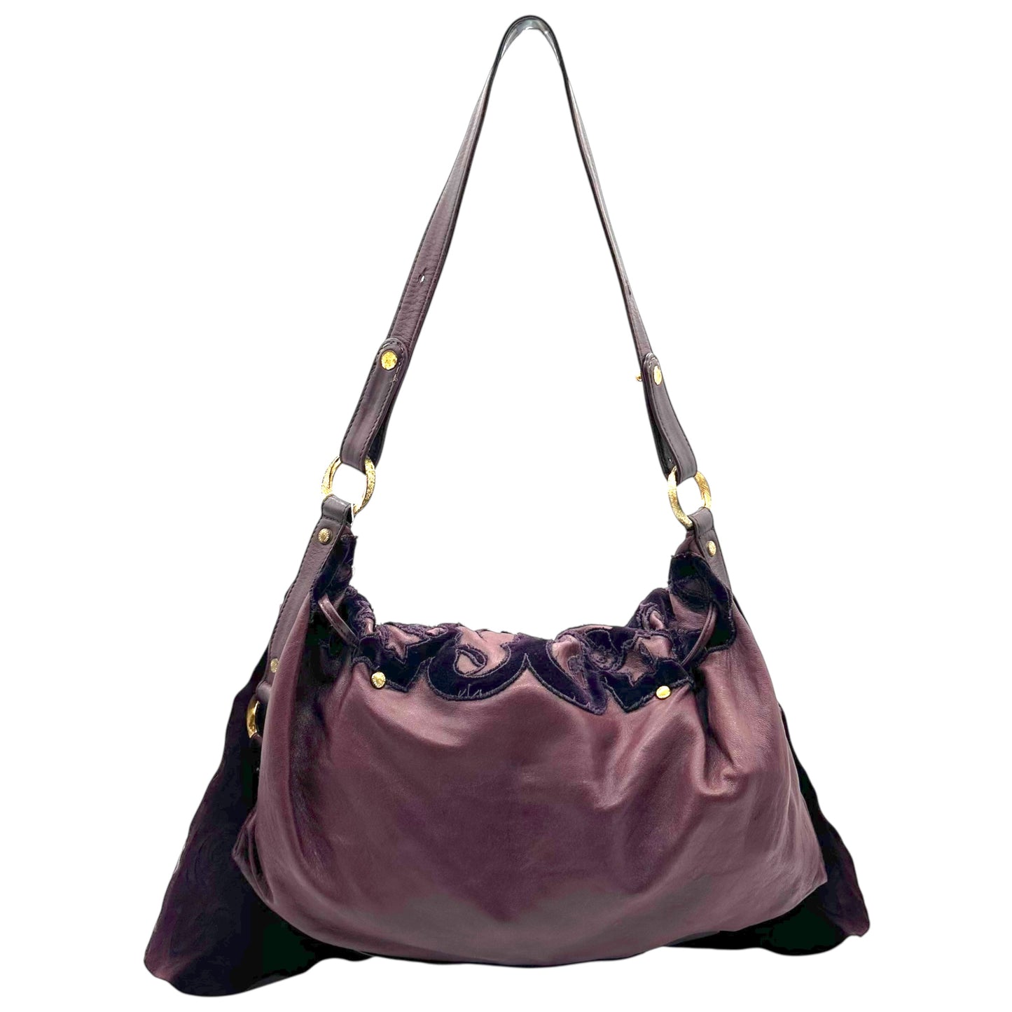 Just Cavalli Roberto Cavalli Burgundy Leather & Velvet Slouchy Shoulder Bag