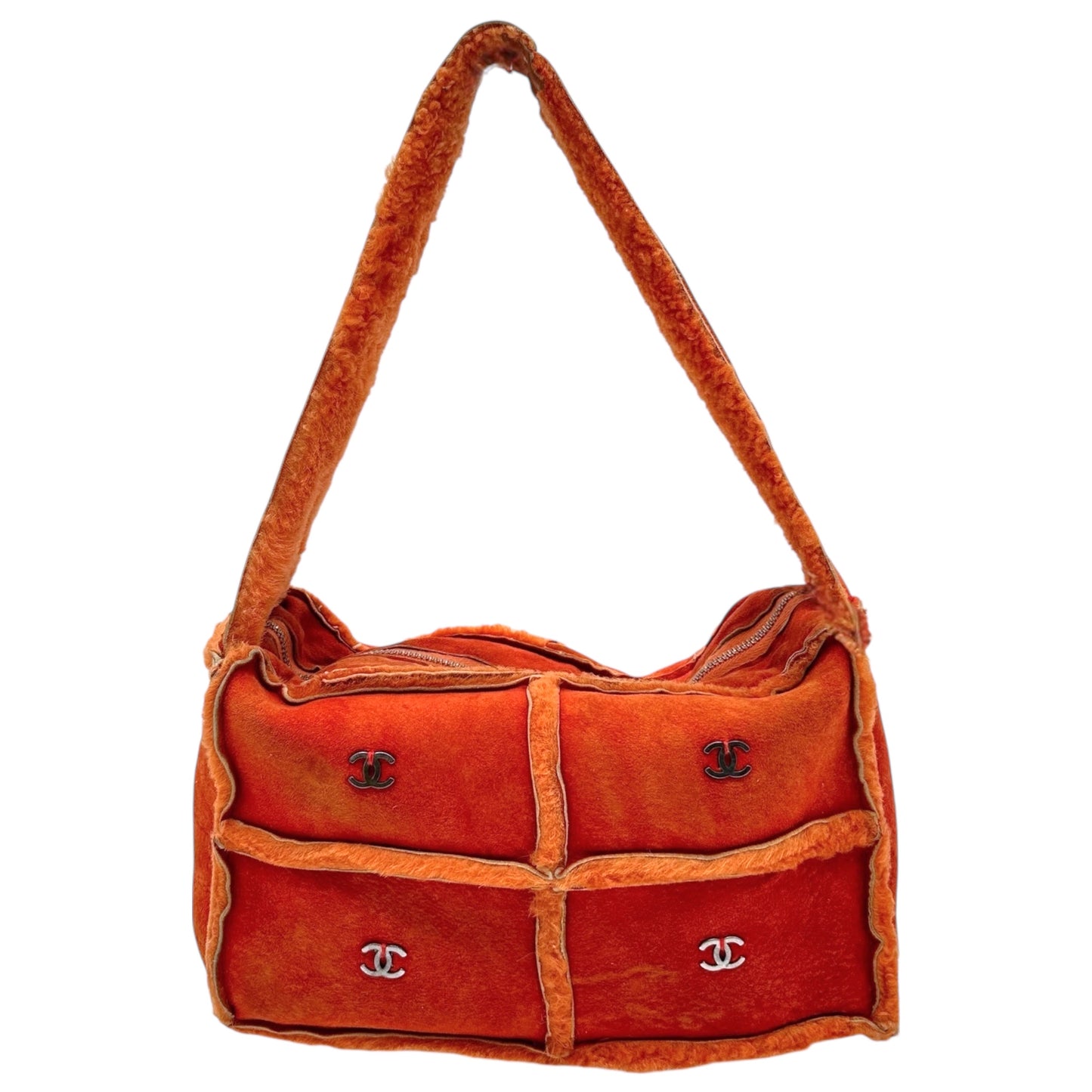 Chanel Orange Shearling Logo Shoulder Bag