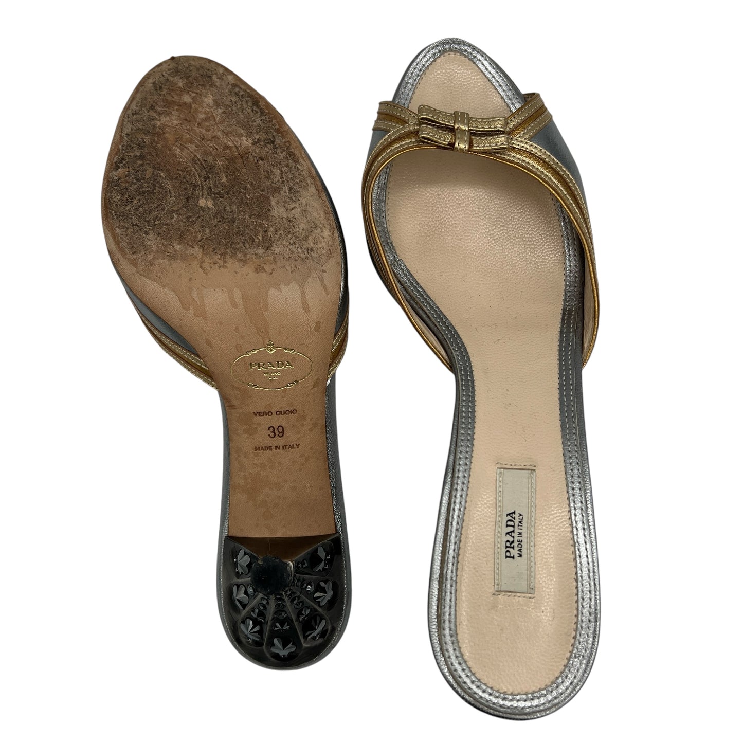 Prada Silver and Gold Metallic Bow Kitten Heels - Outfit Repeater