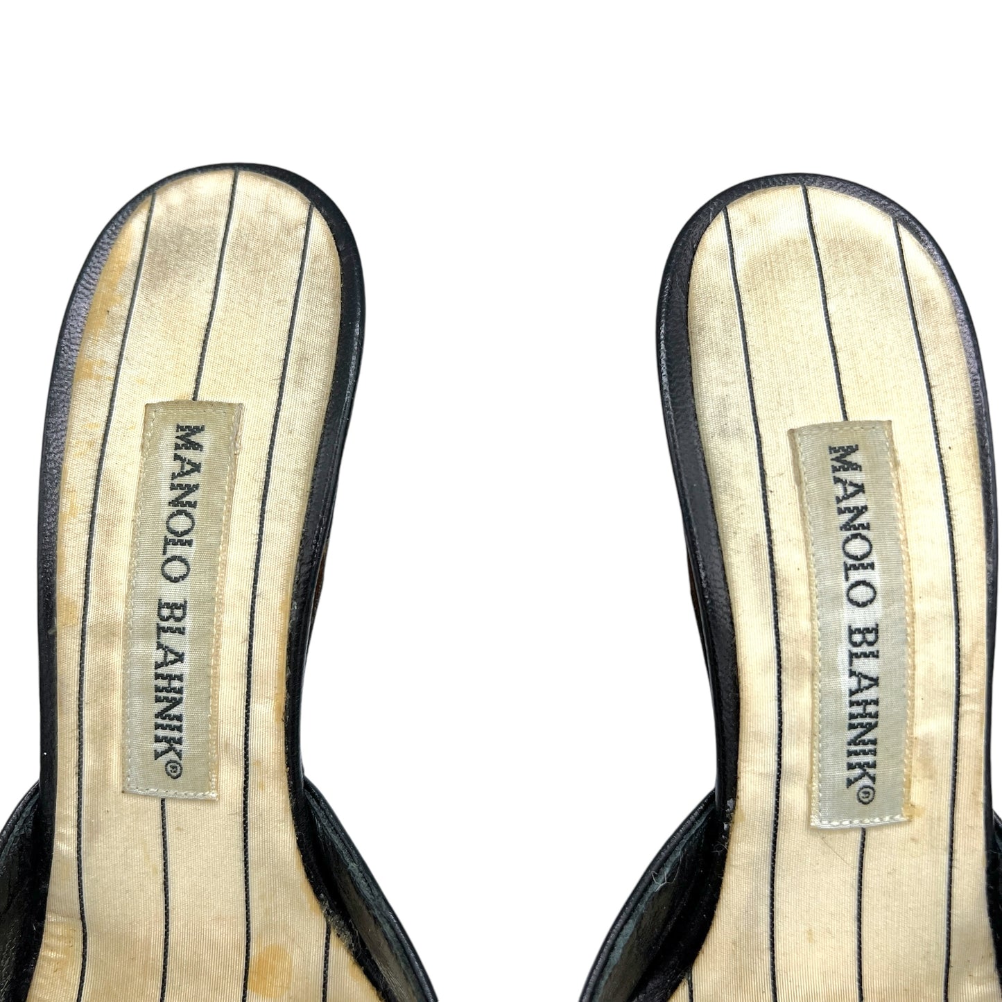 Manolo Blahnik Black & White Pinstripe Mule Heels - Outfit Repeater