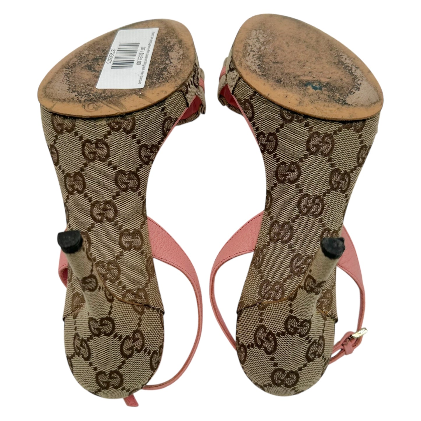 Gucci Tan Monogram & Pink Leather Slingback Heel Sandals - Outfit Repeater