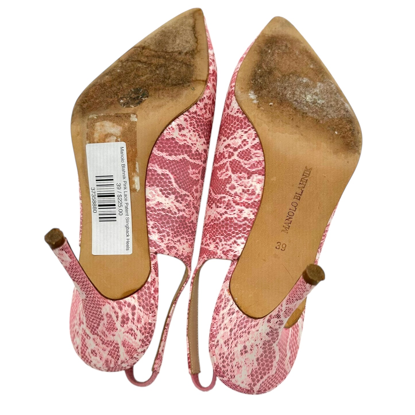 Manolo Blahnik Pink Lace Patent Slingback Heels - Outfit Repeater