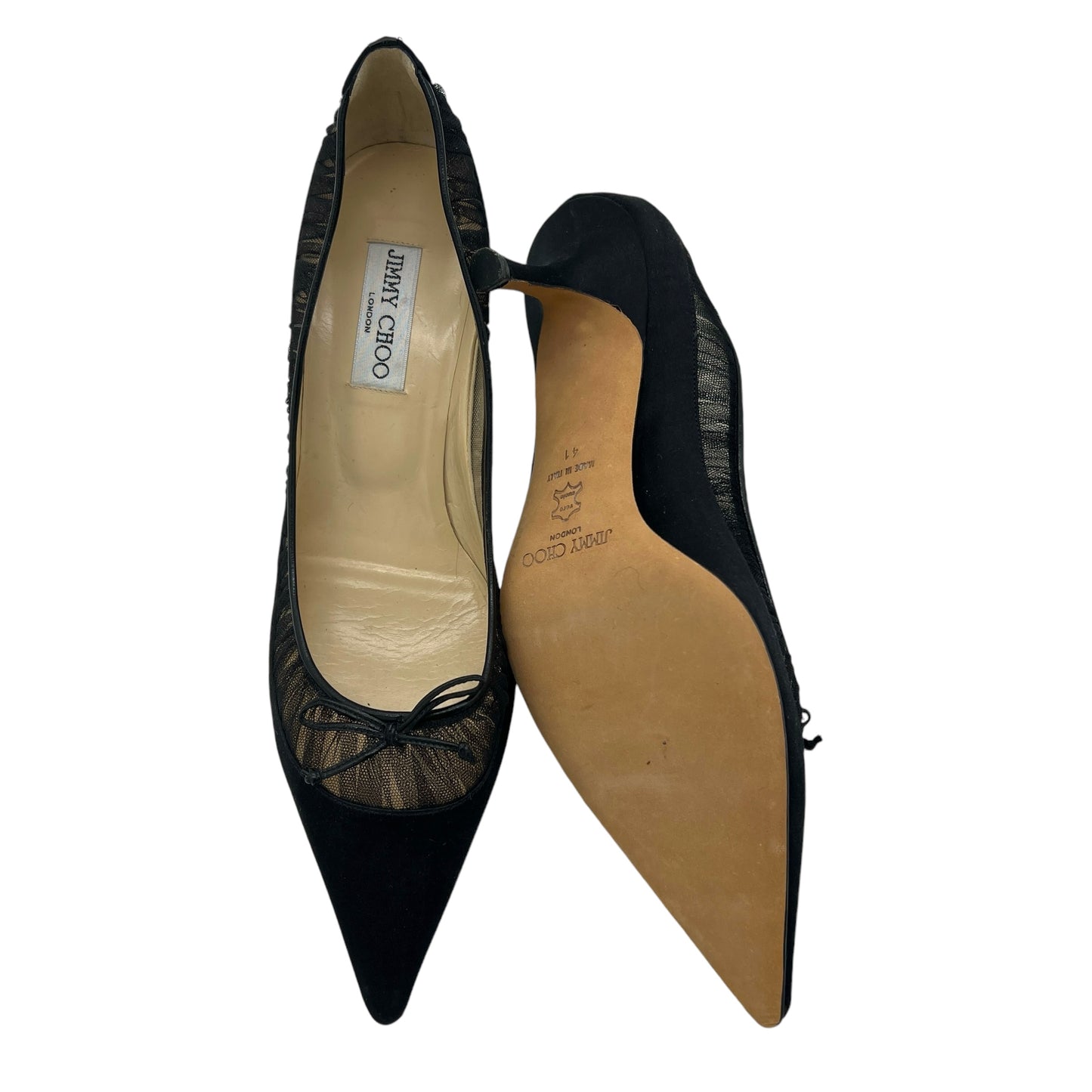 Jimmy Choo Black Tulle Trim Satin Kitten Heels - Outfit Repeater