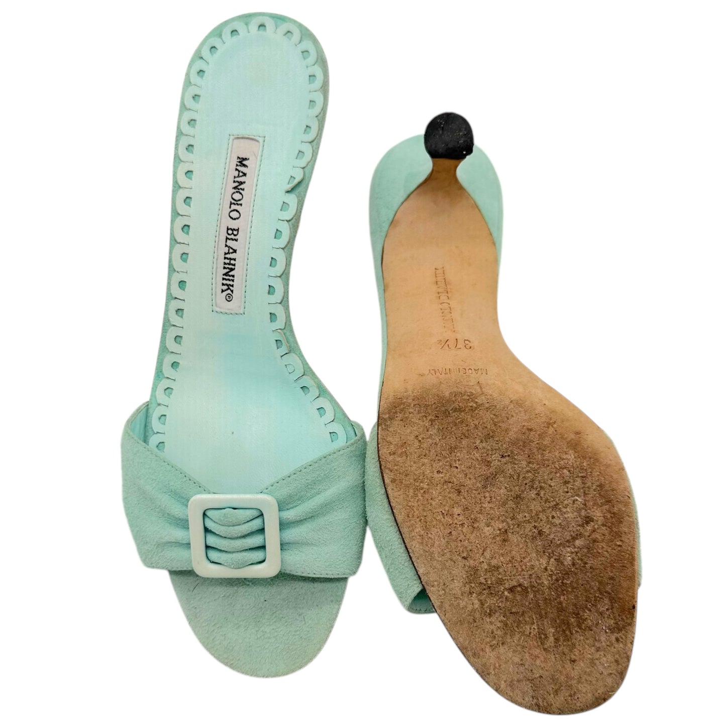 Manolo Blahnik Turquoise Suede Kitten Heel Sandals - Outfit Repeater