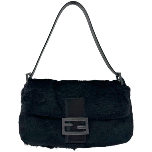 Fendi Black Rabbit Fur Baguette Bag NEW