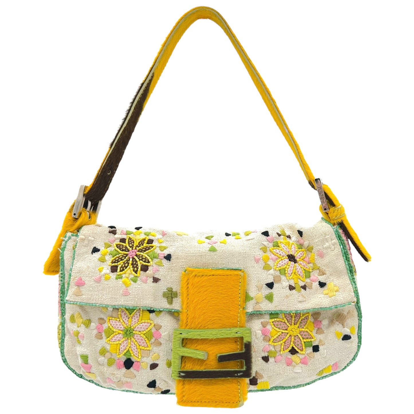 Fendi Embroidered & Beaded Ponyhair Trim Baguette Bag RARE