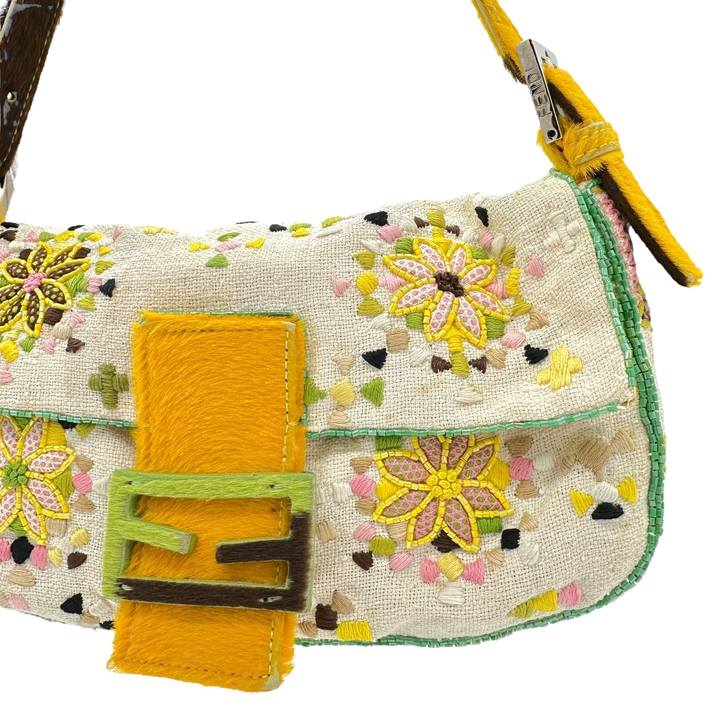 Fendi Embroidered & Beaded Ponyhair Trim Baguette Bag RARE