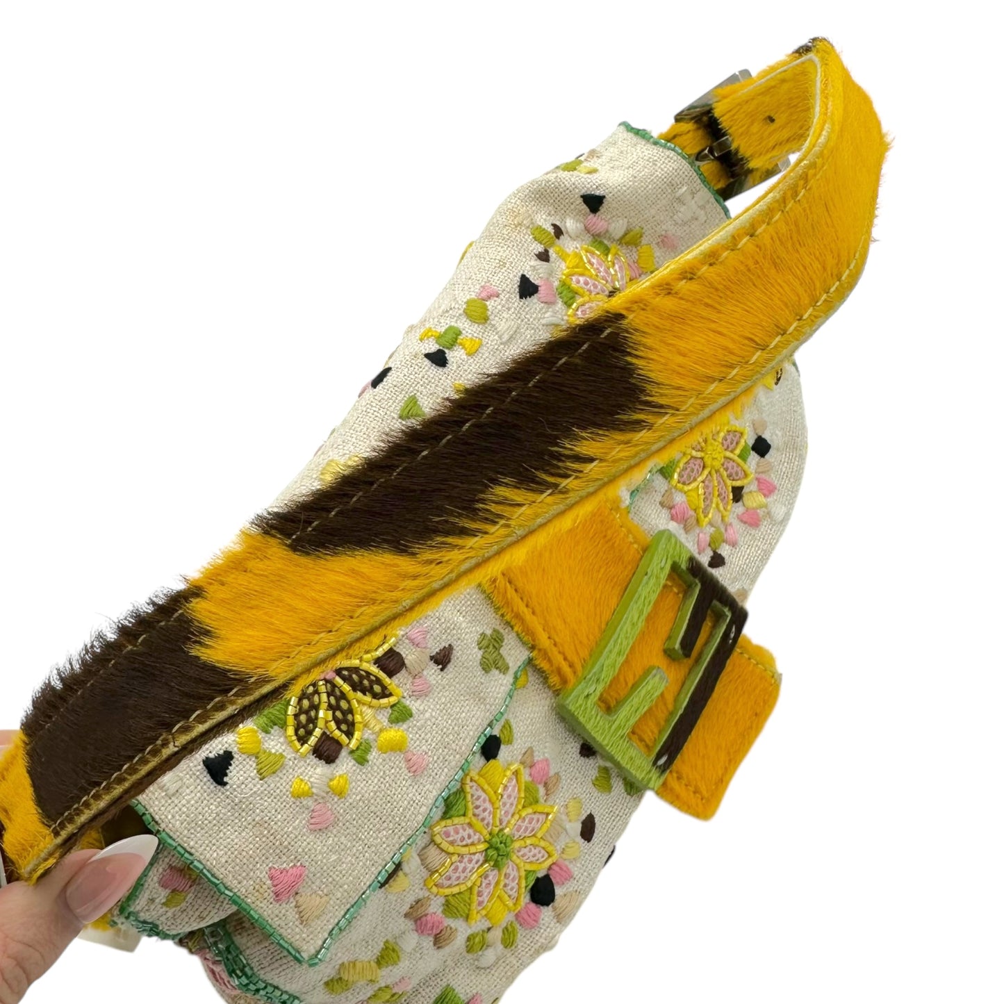 Fendi Embroidered & Beaded Ponyhair Trim Baguette Bag RARE