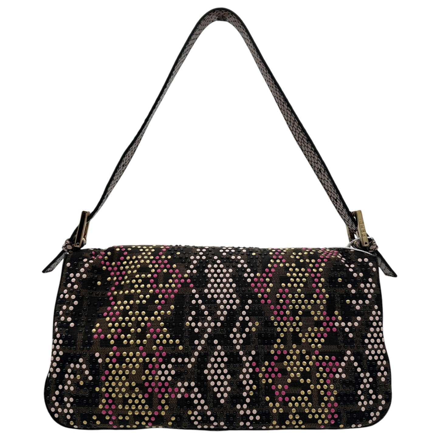 Fendi Pink Python Trim Studded Zucca Baguette Bag