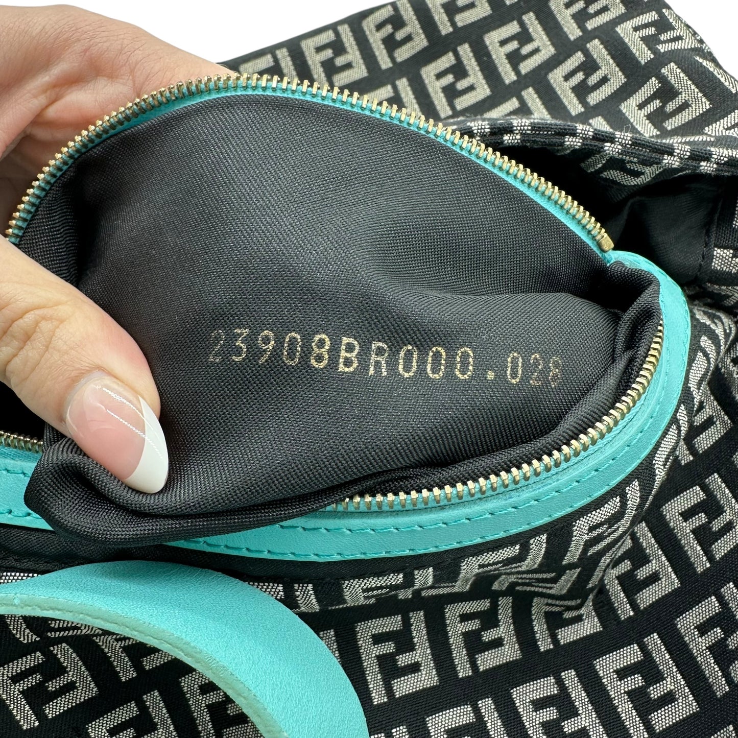 Fendi Black & Turquoise Zucchino Monogram Baguette Bag - Outfit Repeater