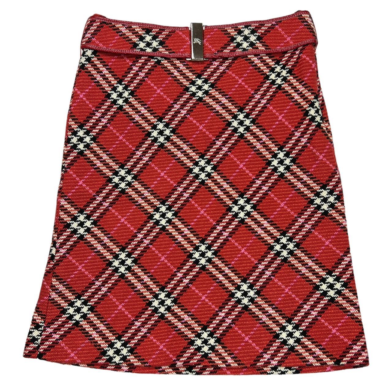 Burberry Blue Label Red and Pink Nova Check Plaid Tweed Belted Midi Skirt - Outfit Repeater