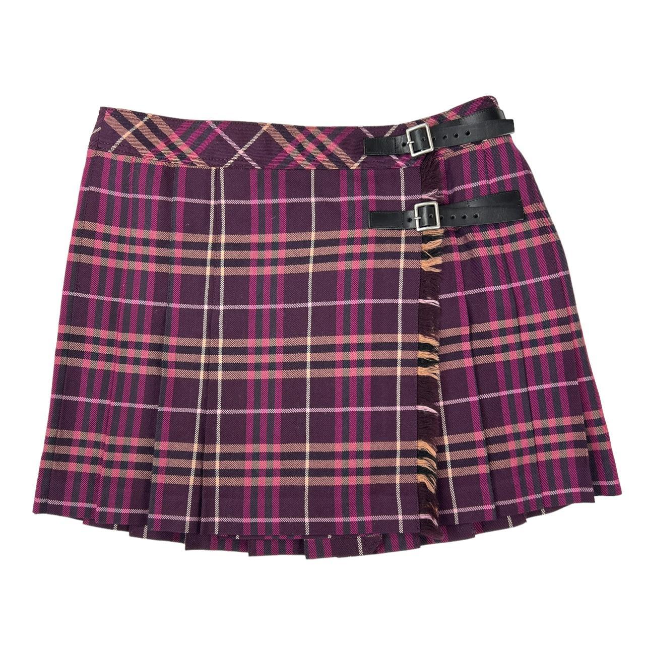 Burberry Blue Label Magenta Pink / Purple Nova Check Plaid Print Pleated Mini Skirt with Leather Buckles - Outfit Repeater