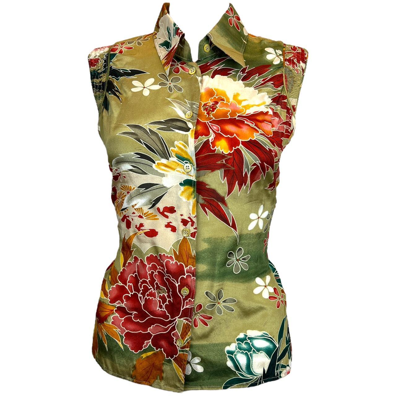 Gucci By Tom Ford S/S 2002 Floral Print Sleeveless Silk Button Up Blouse