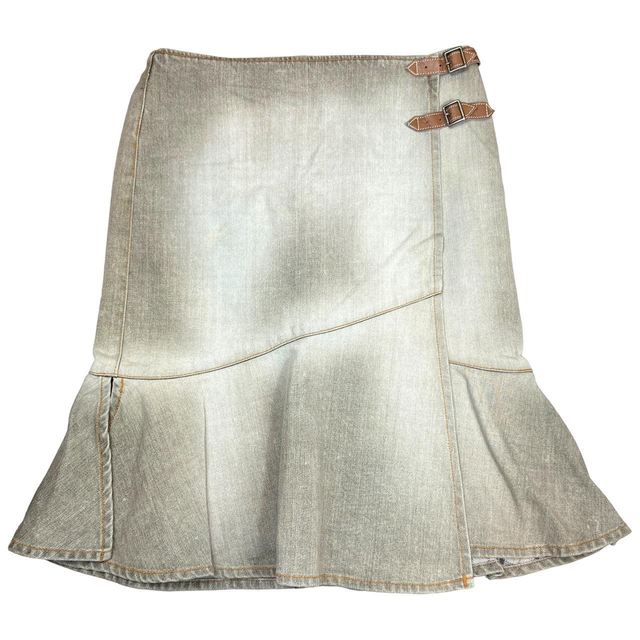 Burberry Blue Label Gray Faded Denim Midi Skirt with Leather Buckles - Outfit Repeater