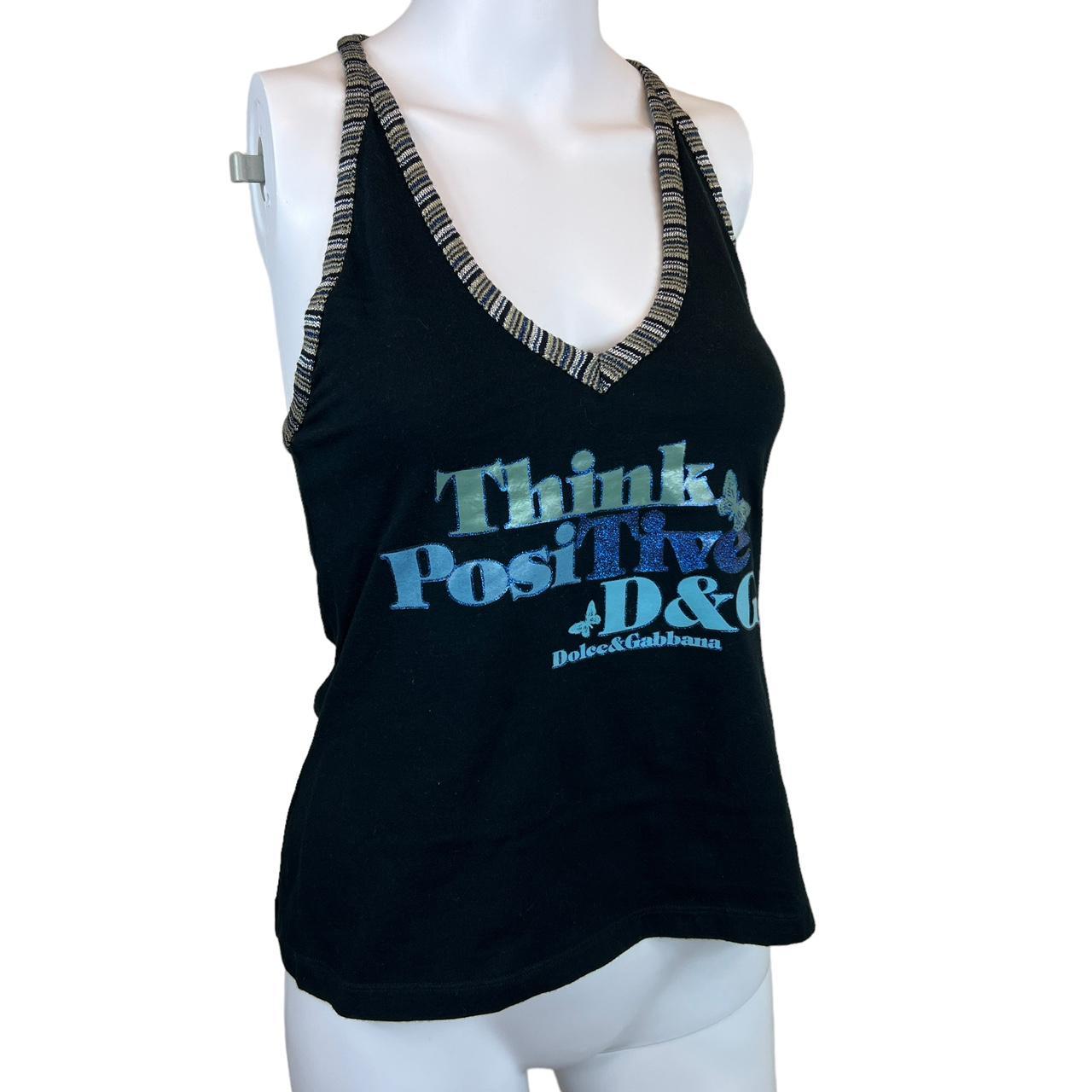 Dolce & Gabbana D&G 'Think Positive' Graphic Racerback Tank with Striped Trim - Outfit Repeater