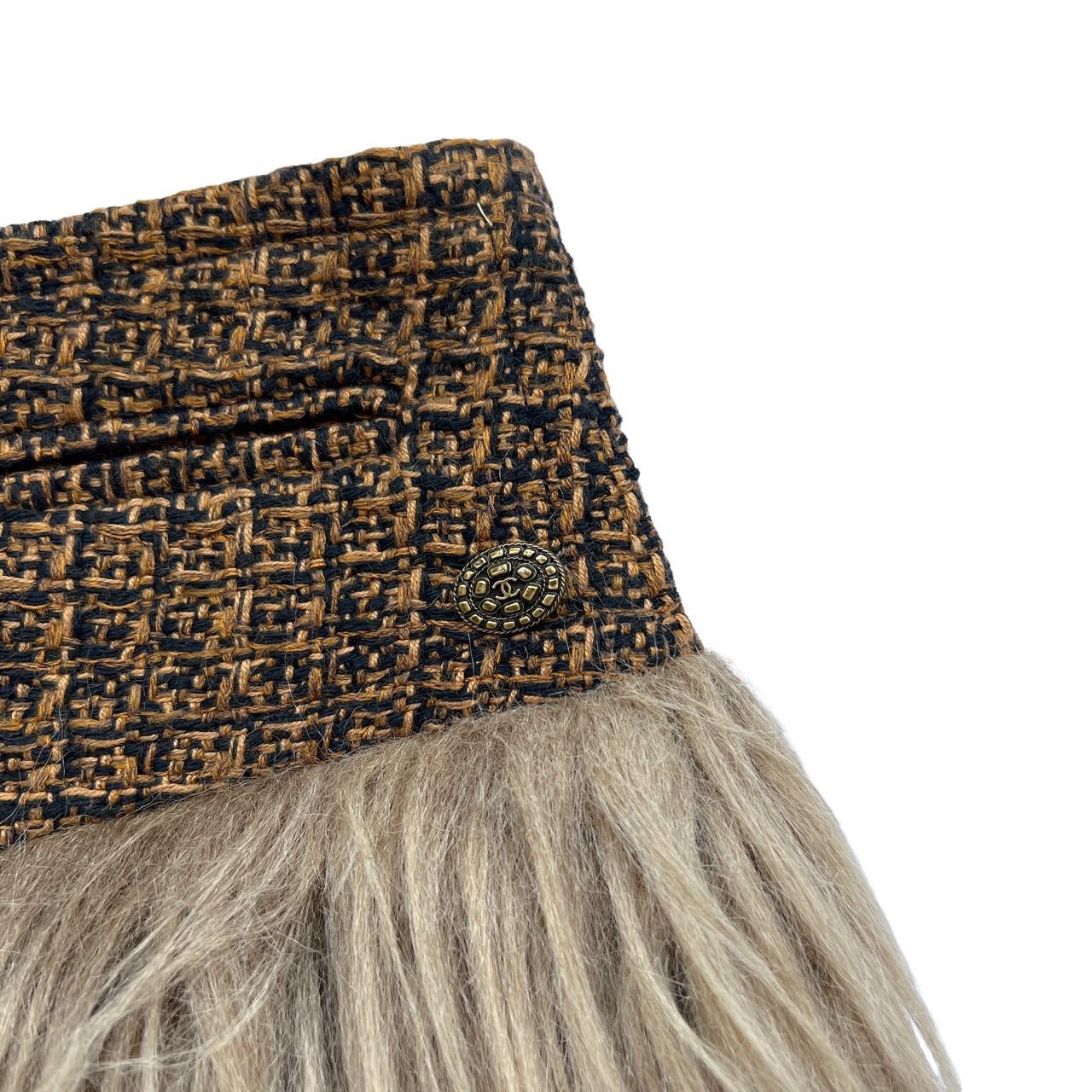 Chanel F/W 2010 RUNWAY SAMPLE 'Dream Fur' Faux Fur Midi Skirt with Orange/Brown and Black Tweed Waistband - Outfit Repeater