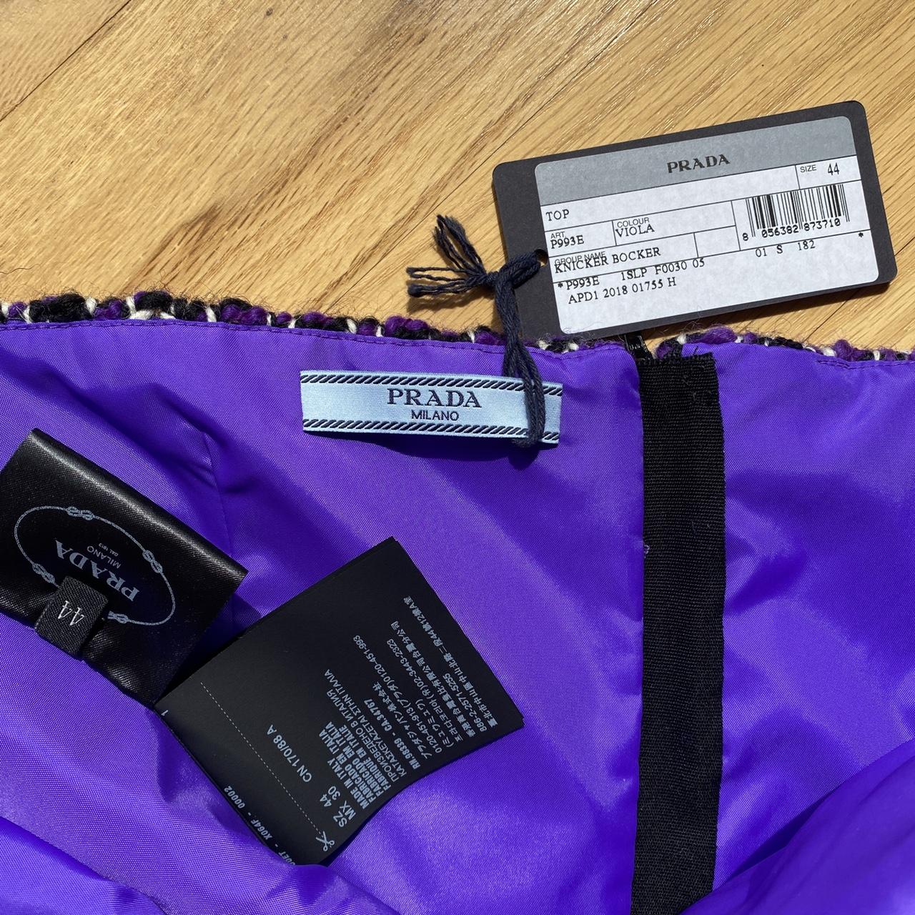 Prada Fall 2018 RTW Purple and Black Tweed Woven Purple and Black Strapless Tube Top Bustier with Rubber Logo Patch - Outfit Repeater