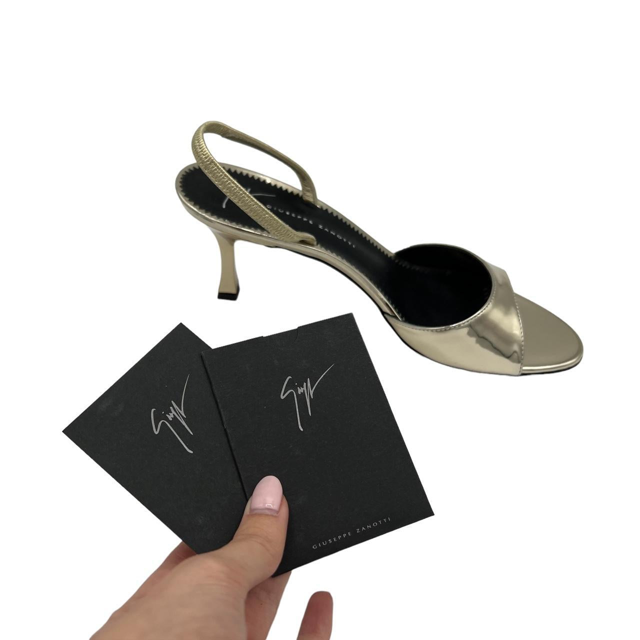 Giuseppe Zanotti "Kellen Red Carpet 70" Silver Chrome Slingback Open Toe Kitten Heels - Outfit Repeater