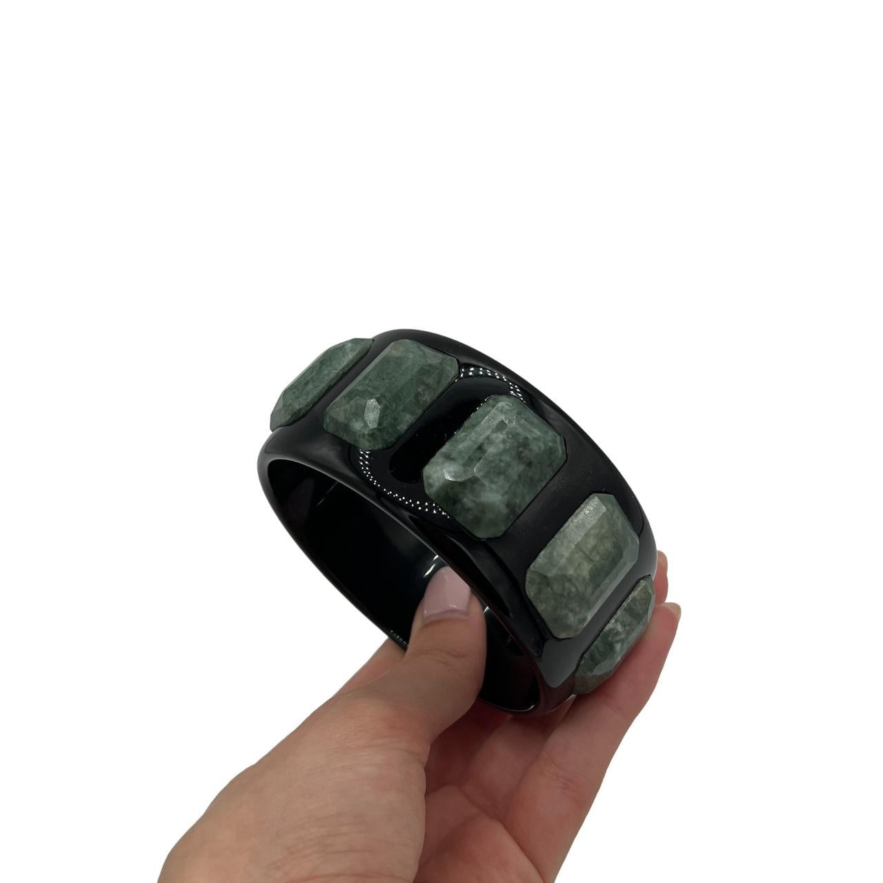 Prada Chunky Resin Bangle Bracelet with Green Gemstone Accents