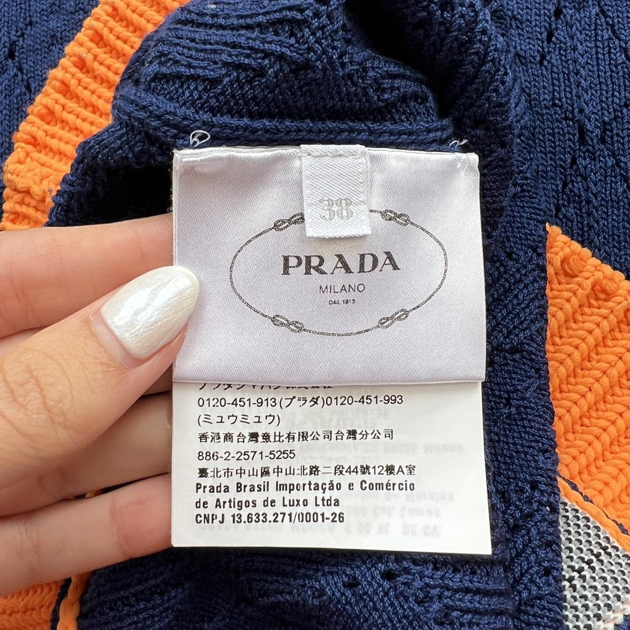 Prada F/W 2018 Orange and Blue Knit Short Sleeve Logo Sweater - Outfit Repeater