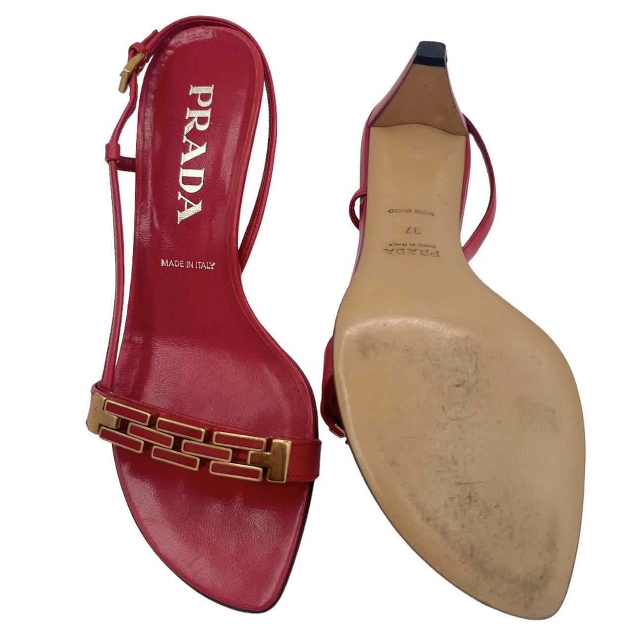 Prada Red Gold Kitten Heel Sandals Open-Toe Leather