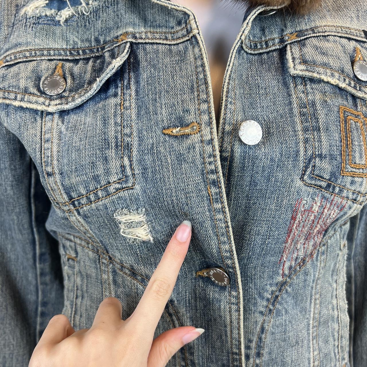 Dolce & Gabbana Distressed Denim Jacket with Embroidered Logo and Real Fur Collar - Outfit Repeater
