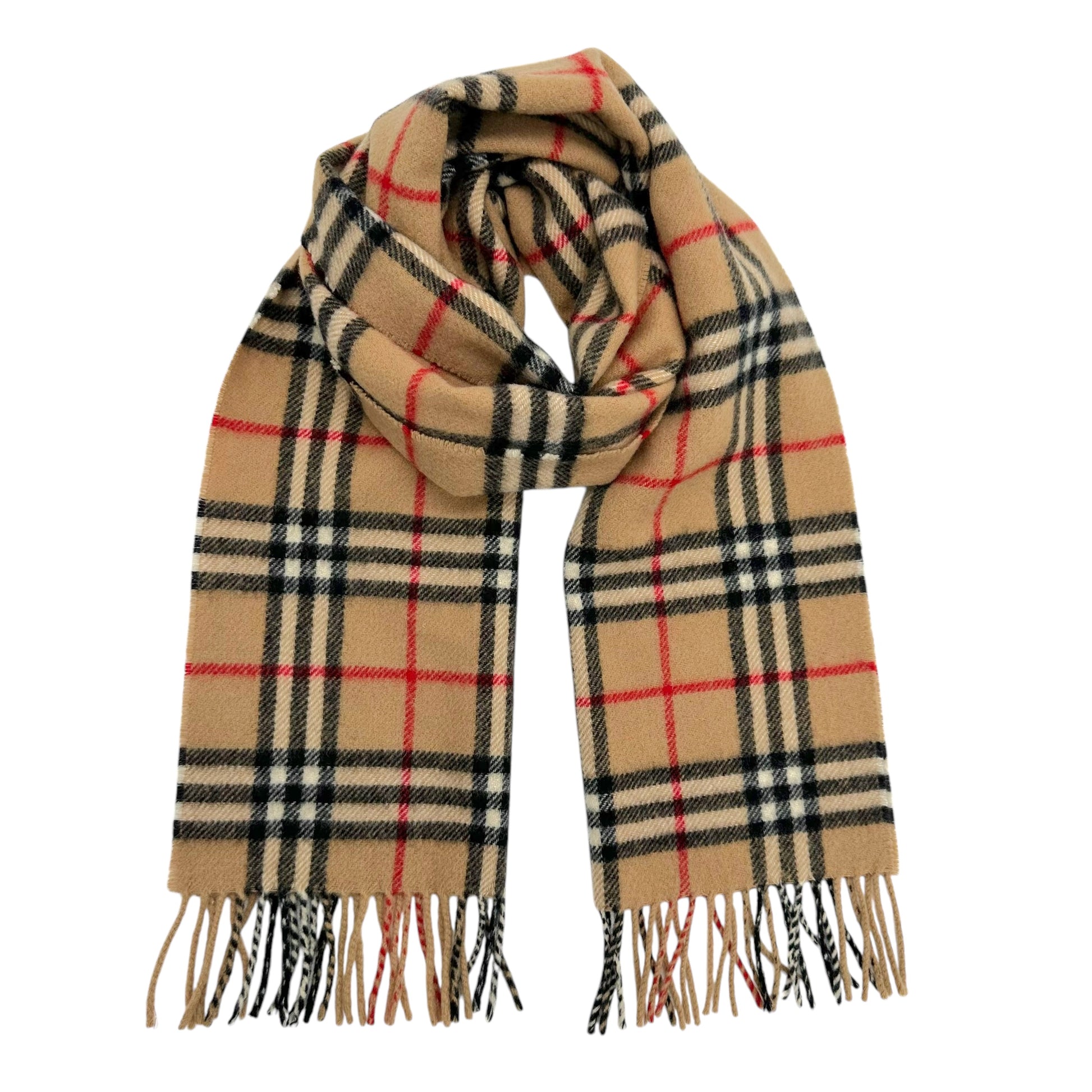 Burberry Wool Scarf Tan Plaid Fringed Ends