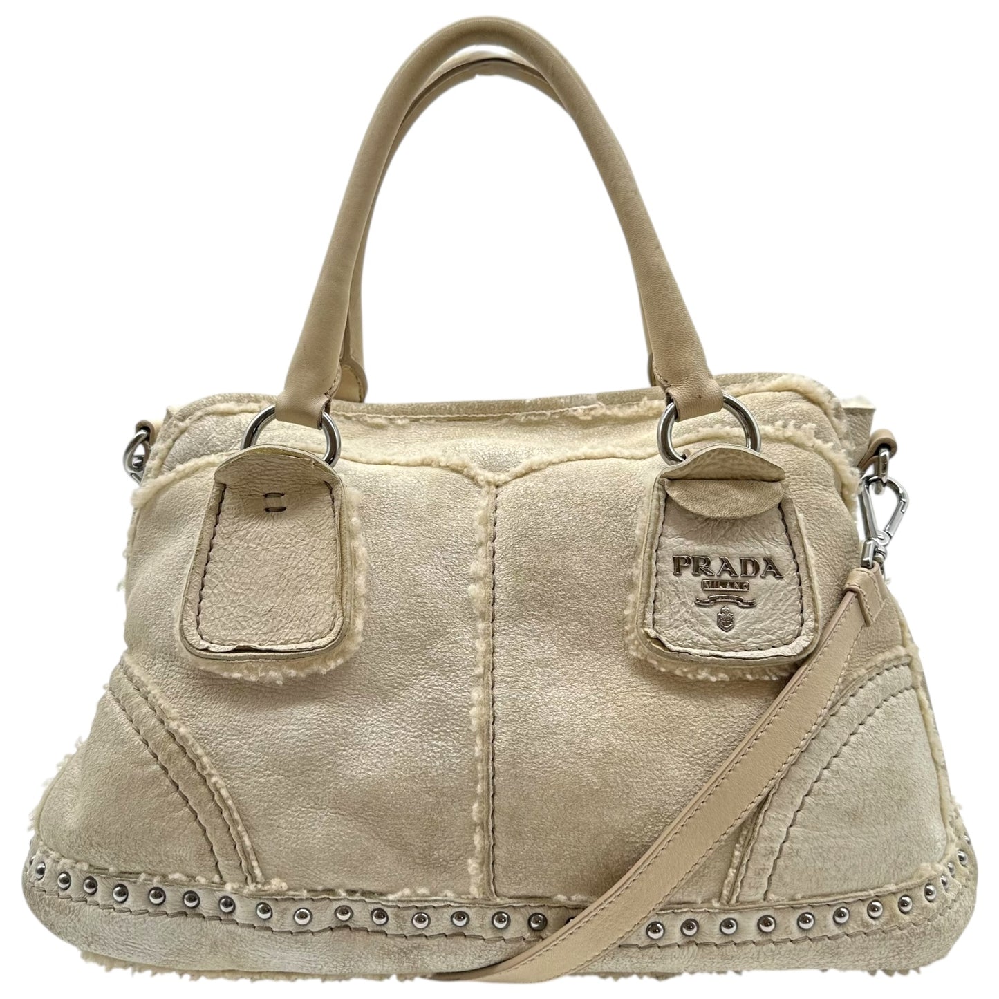 Prada Off White Studded Shearling 2-Way Bag