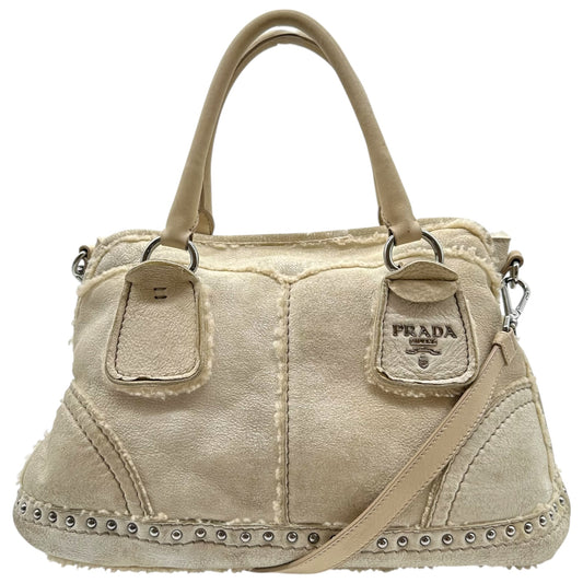 Prada Off White Studded Shearling 2-Way Bag