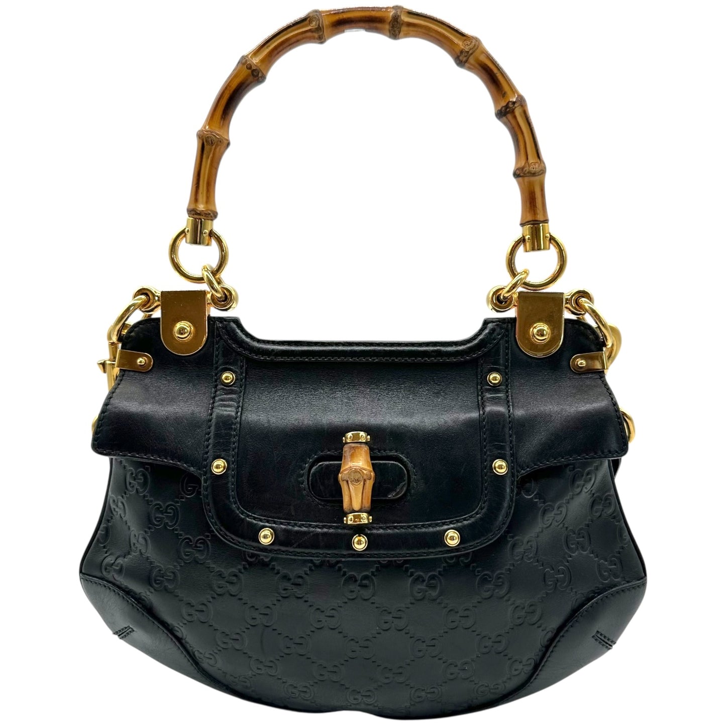 Gucci Black Guccissima Bamboo Handle Turnlock 2-Way Bag - Outfit Repeater