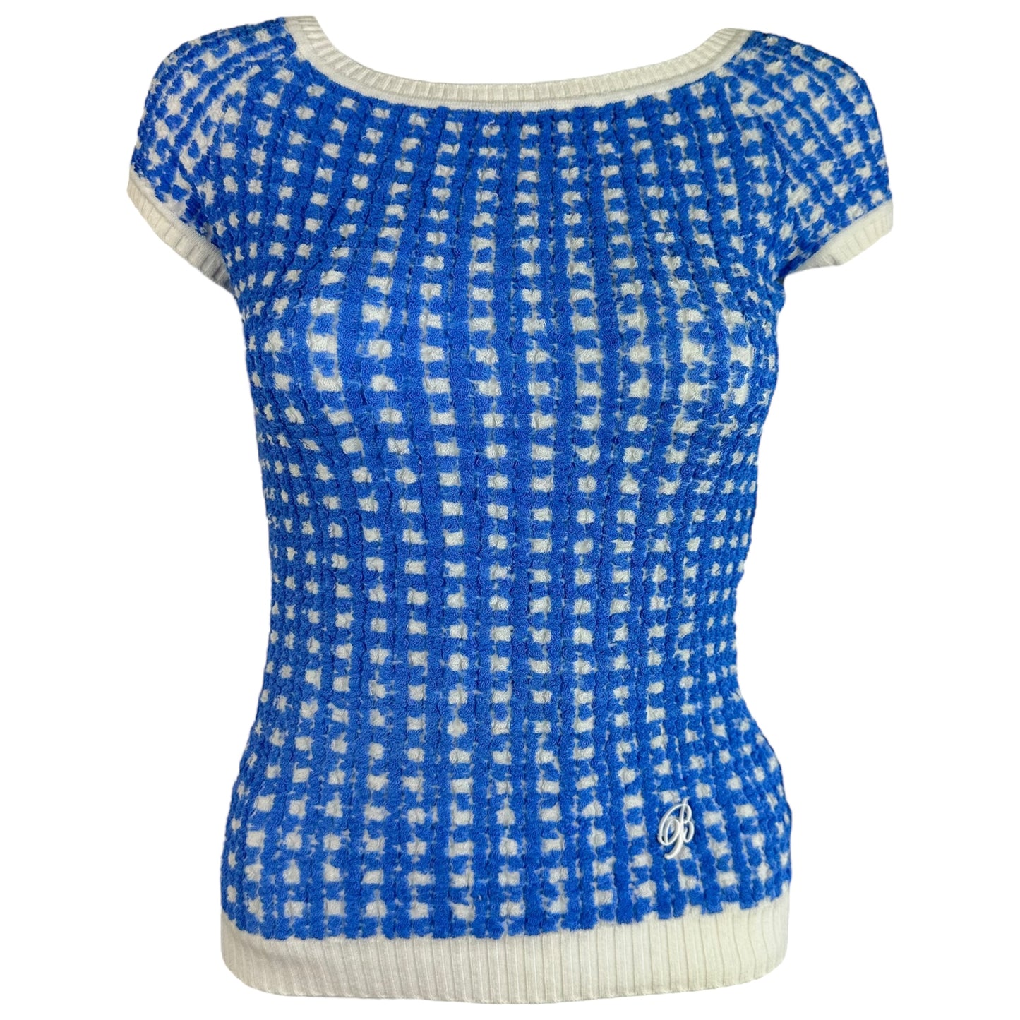 Blumarine Blue Gingham Knit Off Shoulder Top