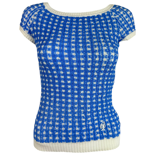 Blumarine Blue Gingham Knit Off Shoulder Top